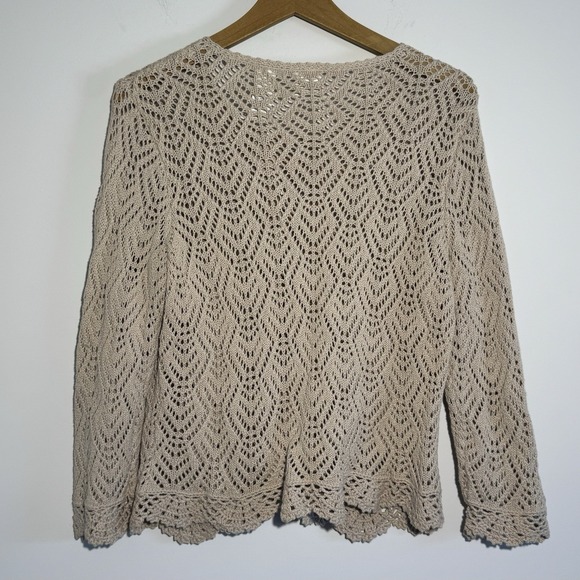 Emma James Womens Large Linen Blend Open Knit Cardigan Button Scallop Hem Tan - Picture 3 of 6